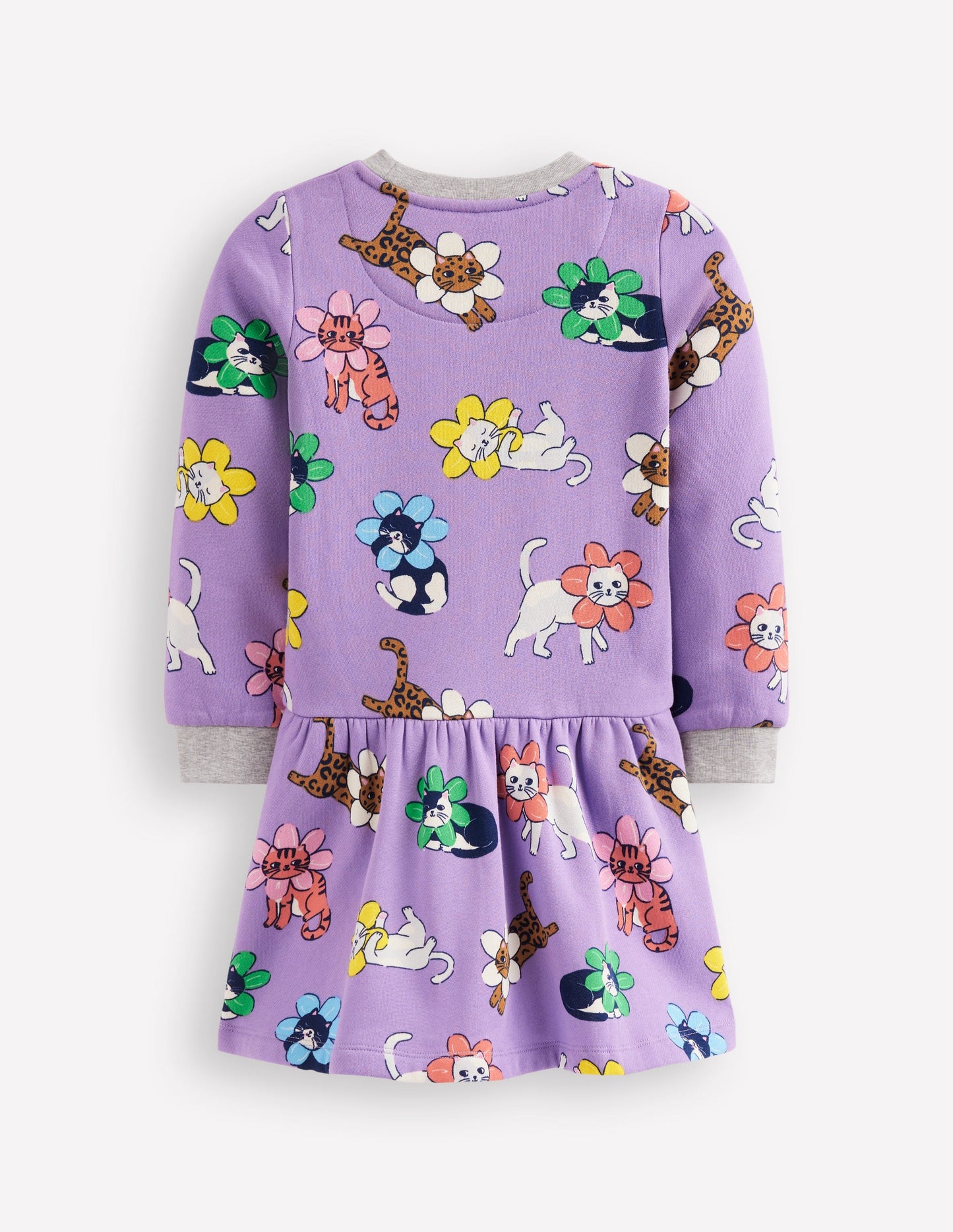 Cosy Printed Sweatshirt Dress-Aster Purple Flower Cat