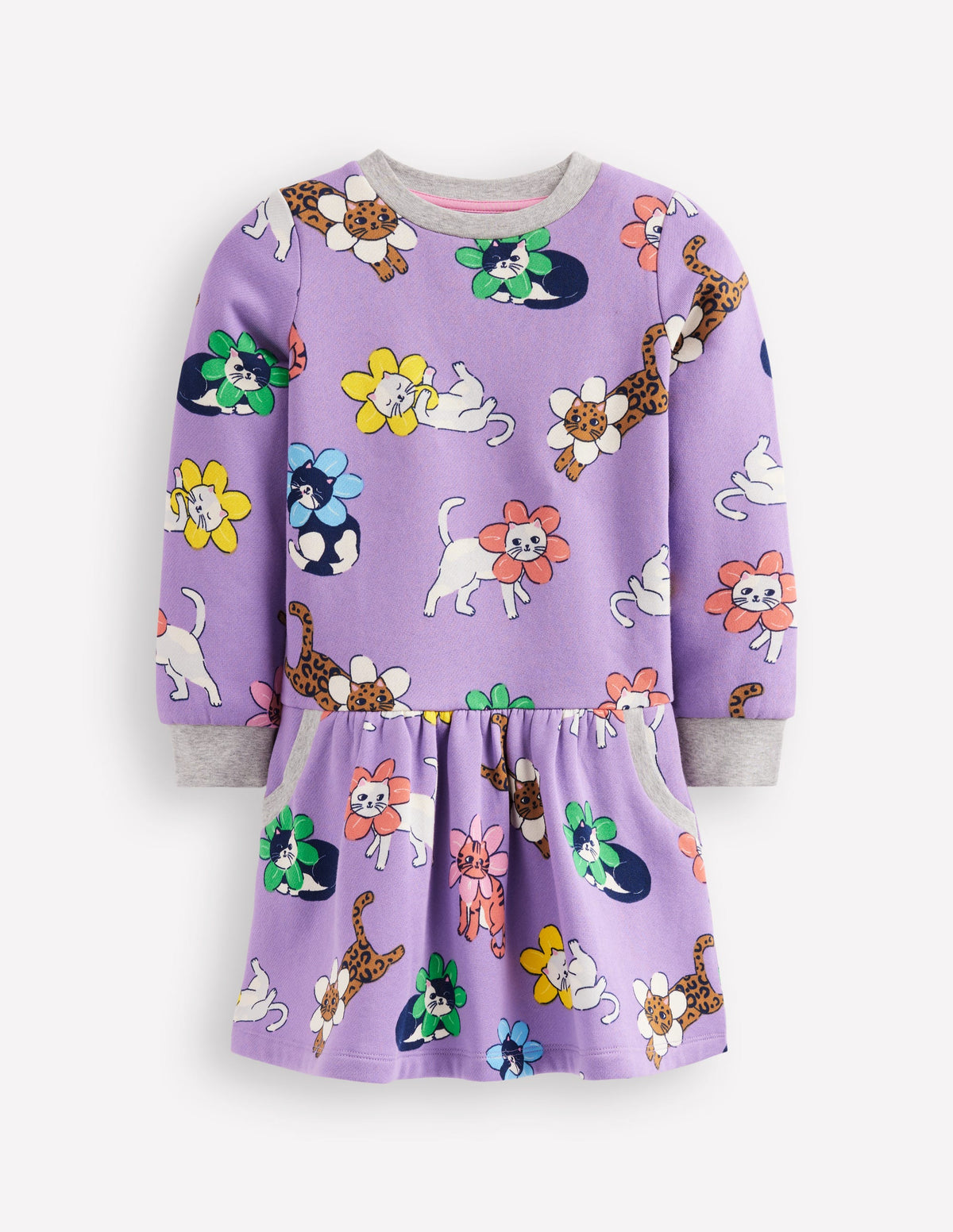 Cosy Printed Sweatshirt Dress-Aster Purple Flower Cat - Image 1