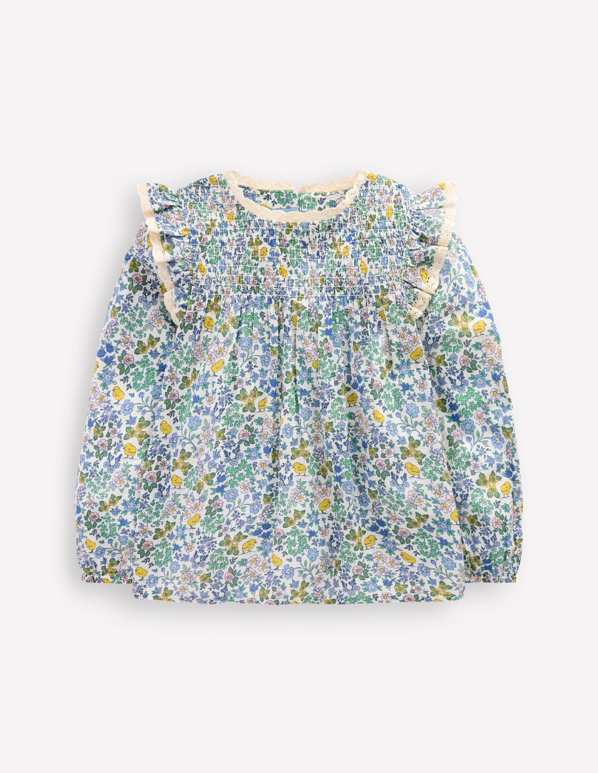 Dorothy Smocked Ruffle Blouse-Vanilla White Chick Floral - Image 1