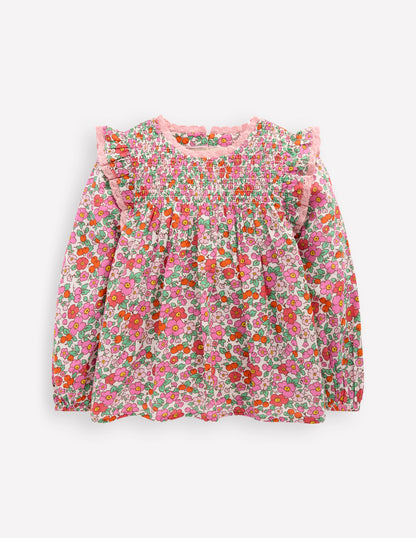 Dorothy Smocked Ruffle Blouse-Pink Apple Blossom Floral