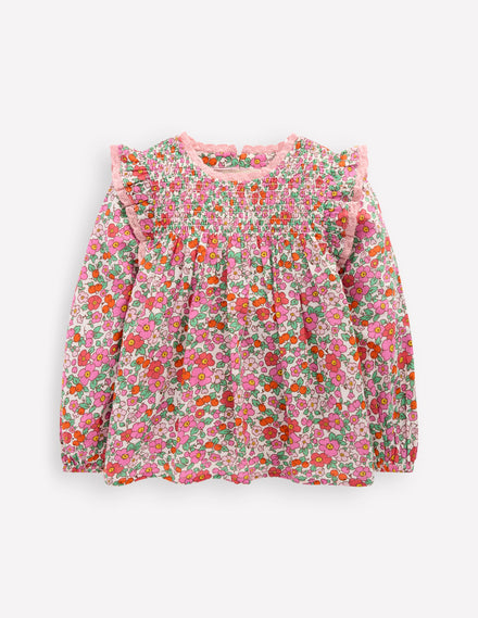 Dorothy Smocked Ruffle Blouse-Pink Apple Blossom Floral