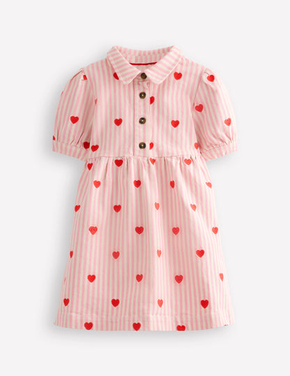 Izzy Denim Shirt Dress-Vanilla/Bubblegum Hearts