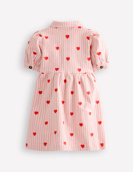 Izzy Denim Shirt Dress-Vanilla/Bubblegum Hearts