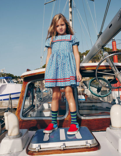 Heritage Sailor Dress-Arctic Blue Daisy Stripe