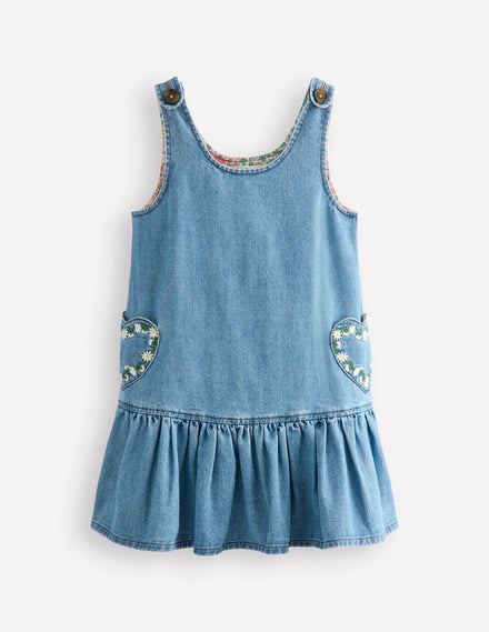 Heart Pocket Pinafore Dress-Mid Vintage Denim Daisies