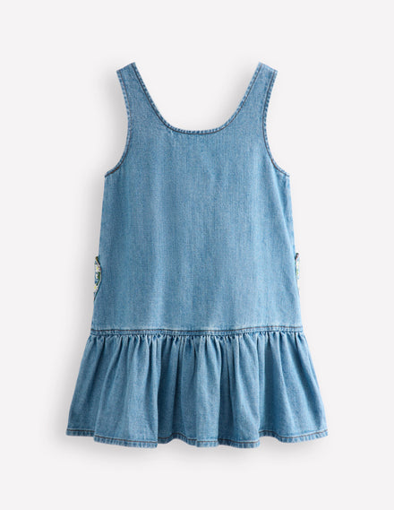 Heart Pocket Pinafore Dress-Mid Vintage Denim Daisies