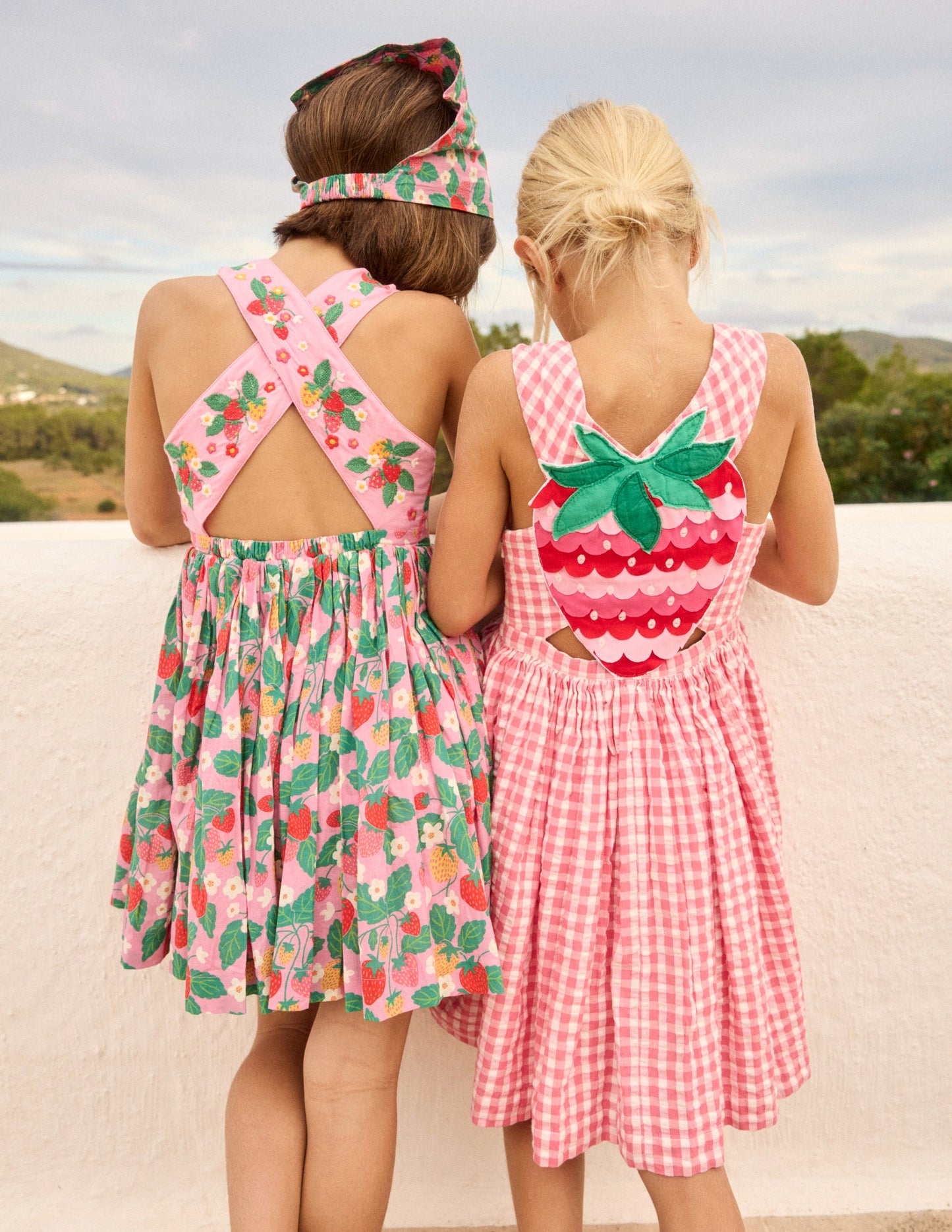 Applique Cross-Back Dress-Pink Gingham Strawberry