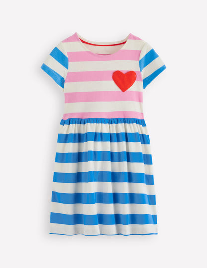 Heart Pocket Fun Jersey Dress-Multi Hotchpotch Stripe