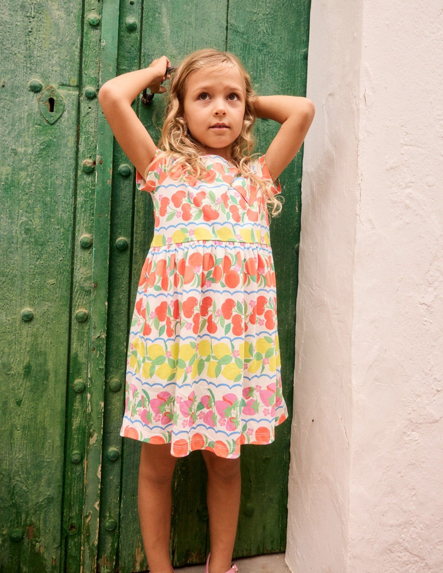 Heart Pocket Fun Jersey Dress-Rainbow Fruit Stripe