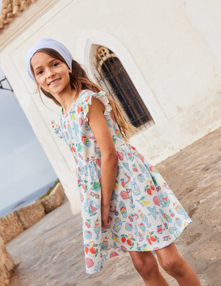 Frill Sleeve Jersey Dress-Ivory Holiday Print