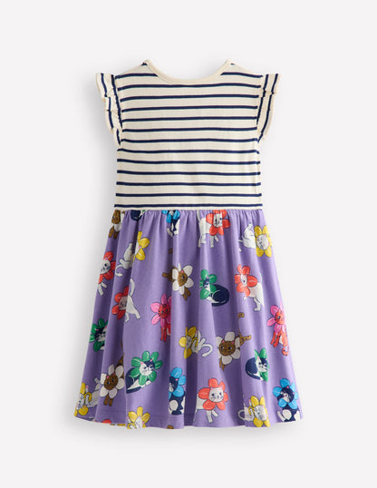 Frill Sleeve Jersey Dress-Aster Purple Flower Cat