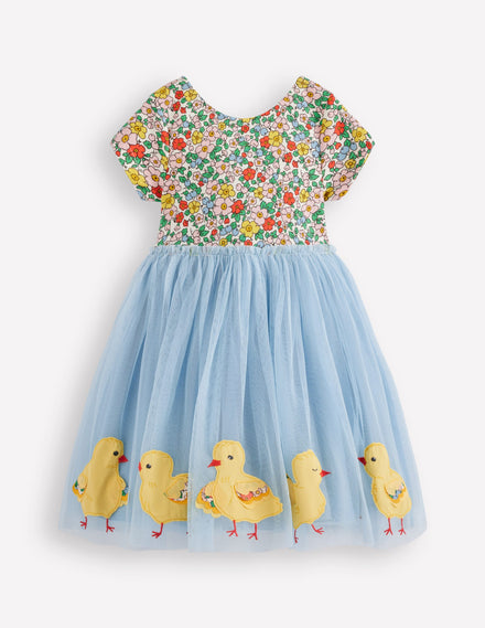 Ami Applique Tulle Dress-Pale Blue Chicks