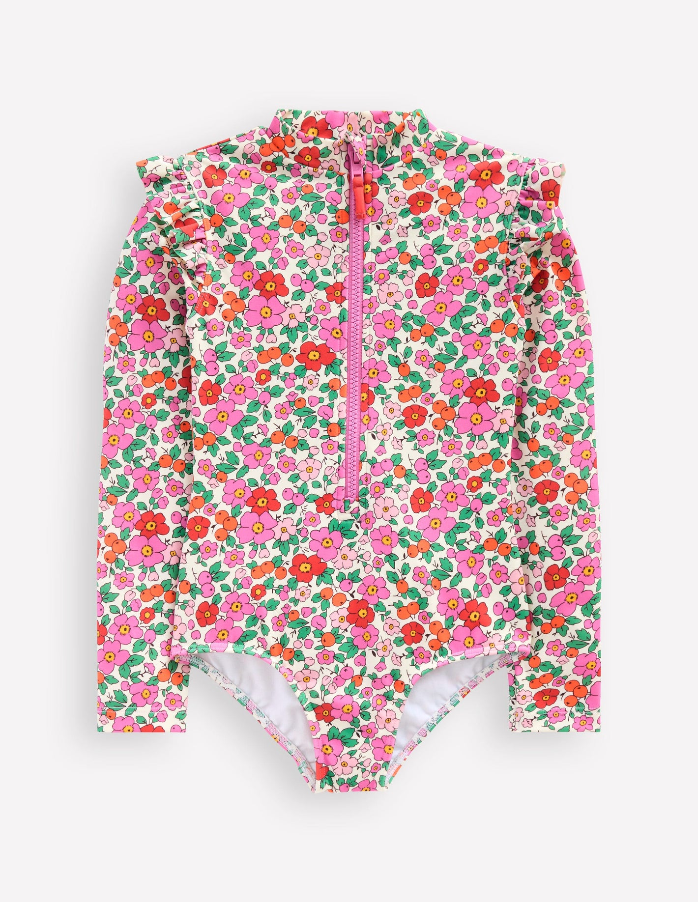 Frill Long Sleeved Swimsuit-Pink Apple Blossom Floral