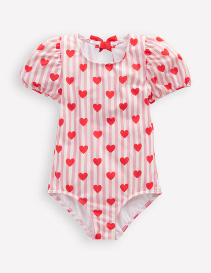 Sandy Puff Sleeve Swimsuit-Bubblegum Pink Heart Stripe-1