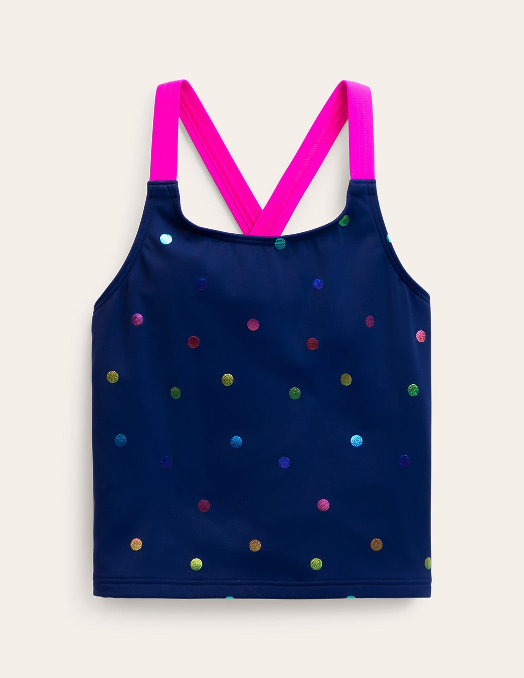 Cross-back Tankini Top-Navy Rainbow Confetti Spot - Image 1