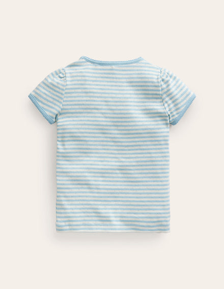 Short Sleeve Pointelle Top-Light Celeste Blue/Soft Ivory