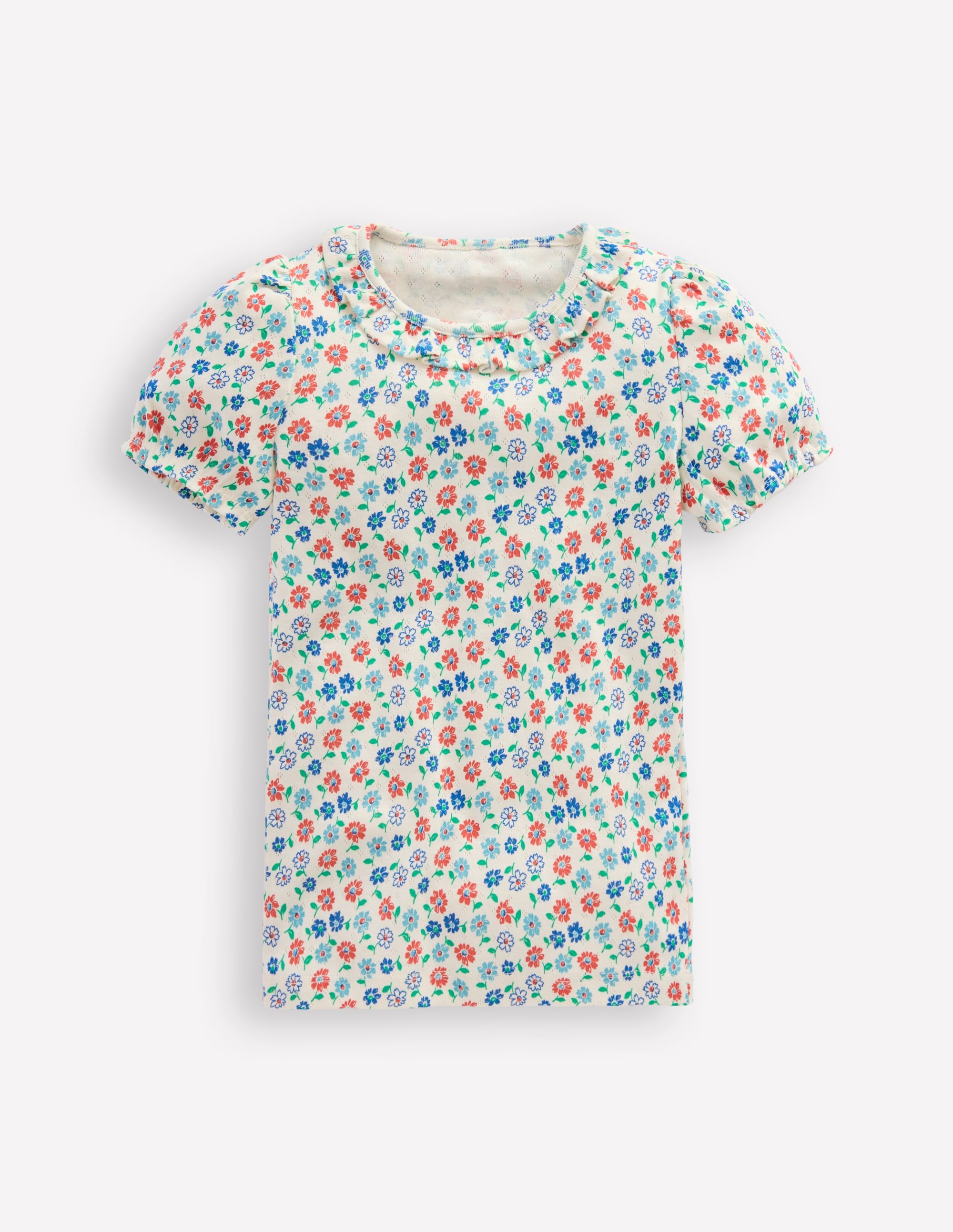 Short-sleeved Ruffle Pointelle-Vanilla White Vintage Daisy - Image 1