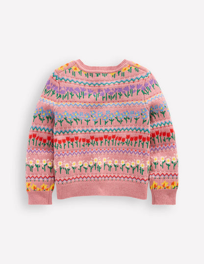 Edie Fair Isle Cardigan-Sea Pink Flowers