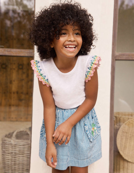 Applique Pocket Skirt-Blue Ticking Floral Stripe