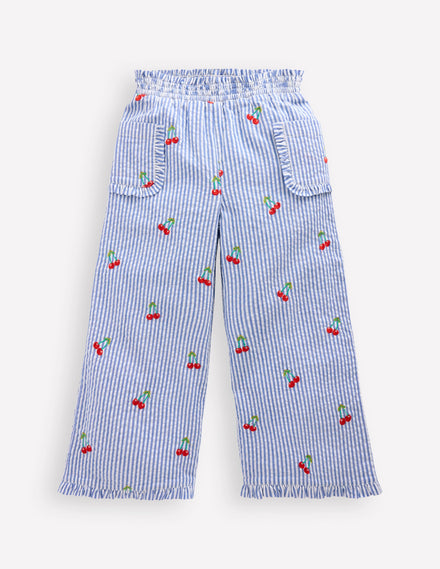 Nostalgic Frill Trousers-Blue Ticking Cherries