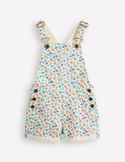 Heart Pocket Short Dungarees-Vanilla White Vintage Daisy