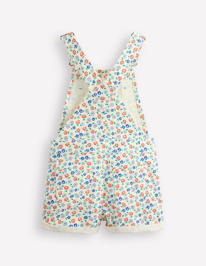 Heart Pocket Short Dungarees-Vanilla White Vintage Daisy