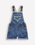 Heart Pocket Short Overalls-Vintage Embroidered Daisy