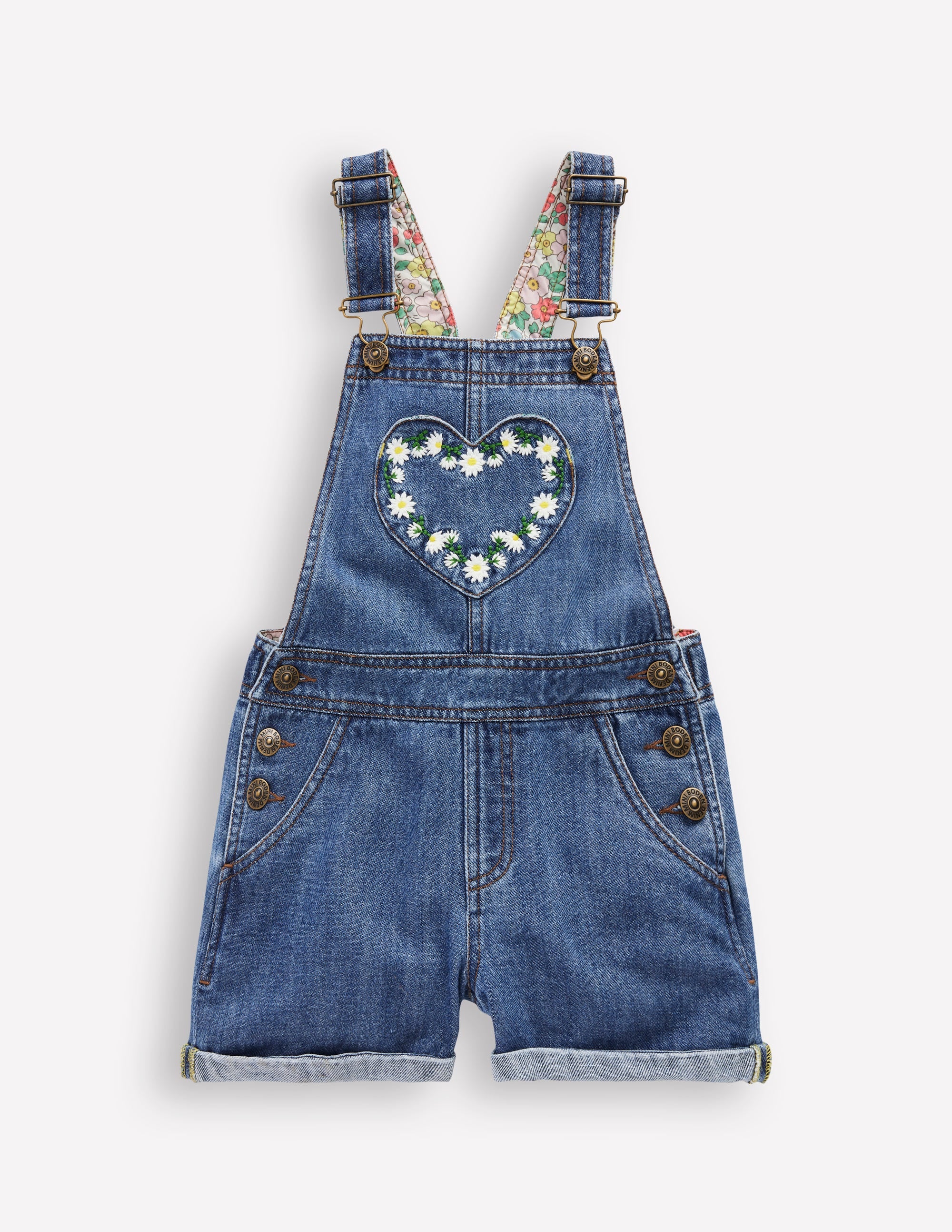 Heart Pocket Short Overalls-Vintage Embroidered Daisy - Image 1