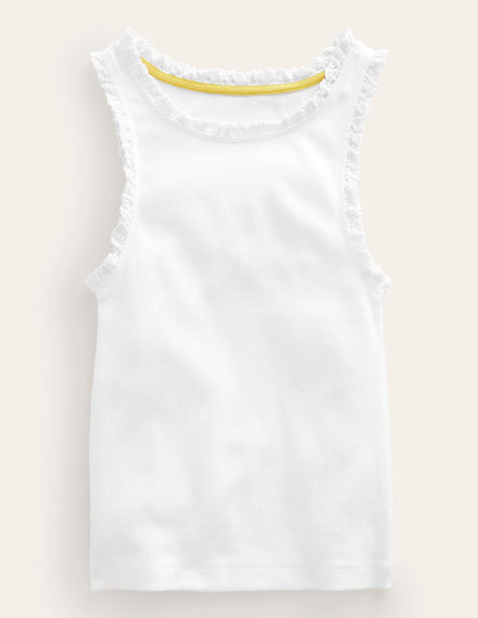 Ribbed Lace Trim Tank Top-White