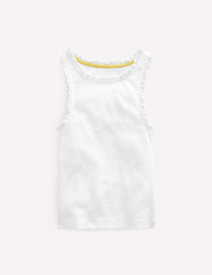 Ribbed Lace Trim Tank Top-White