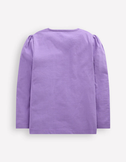 Puff Sleeve Applique T-shirt-Aster Purple Flower Cats