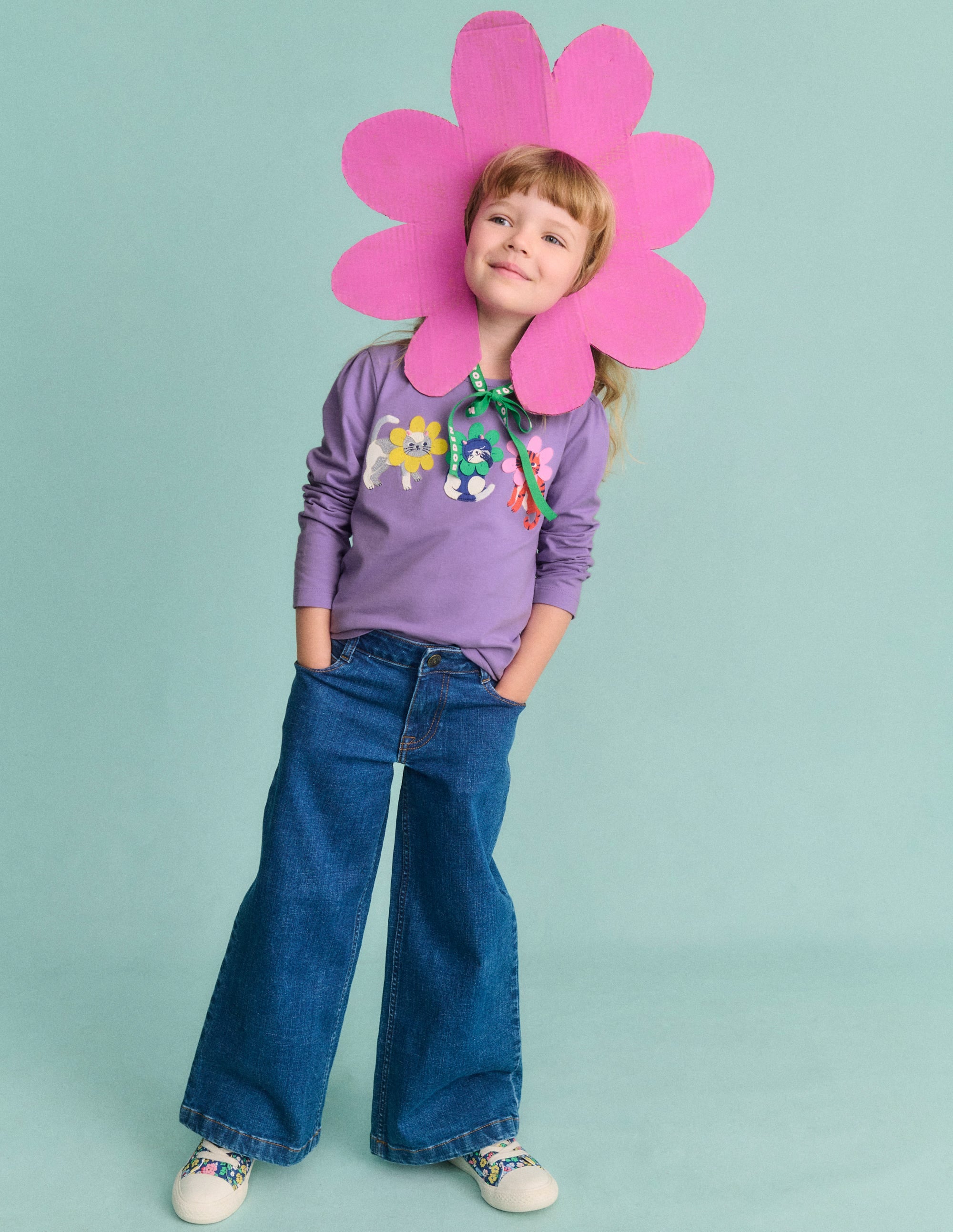 Puff Sleeve Applique T-shirt-Aster Purple Flower Cats - Image 4