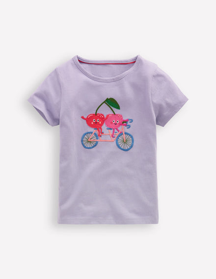 Short Sleeve Applique T-shirt-Misty Lavendar Cherries