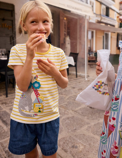 Lift The Flap Short Sleeve Top-Pineapple Yellow Stripe Cat