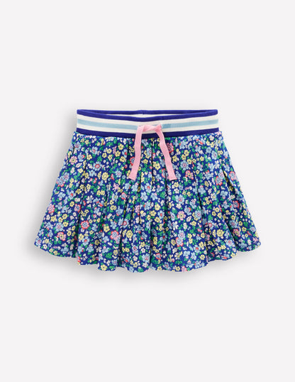 Pleated Jersey Skort-Sapphire Blue Nautical Floral