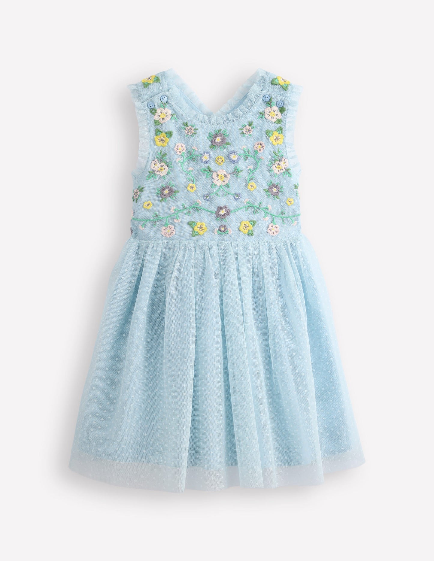 Tulle Cross-Back Dress-Blue Floral Embroidery