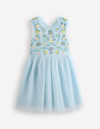 Tulle Cross-Back Dress-Blue Floral Embroidery