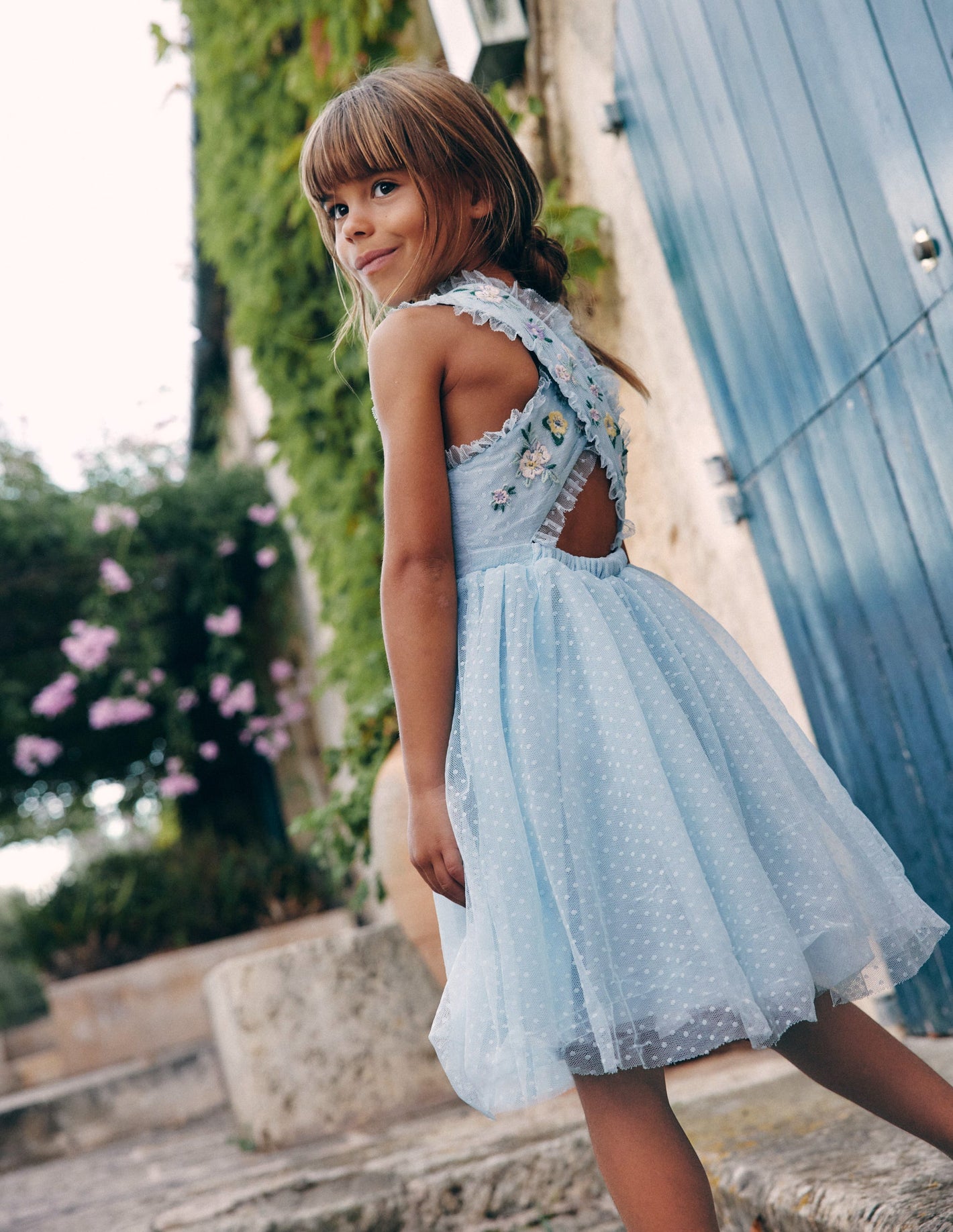 Tulle Cross-Back Dress-Blue Floral Embroidery