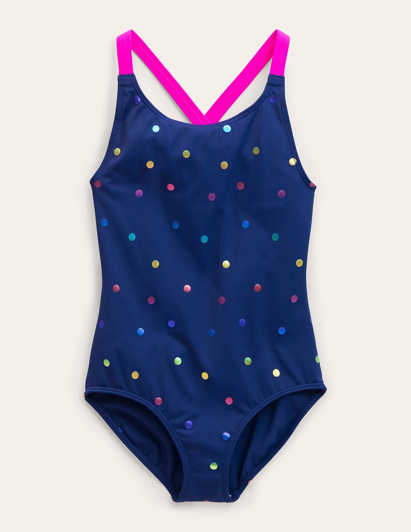Cross-back Printed Swimsuit-Navy, Rainbow Foil Confetti - Image 1