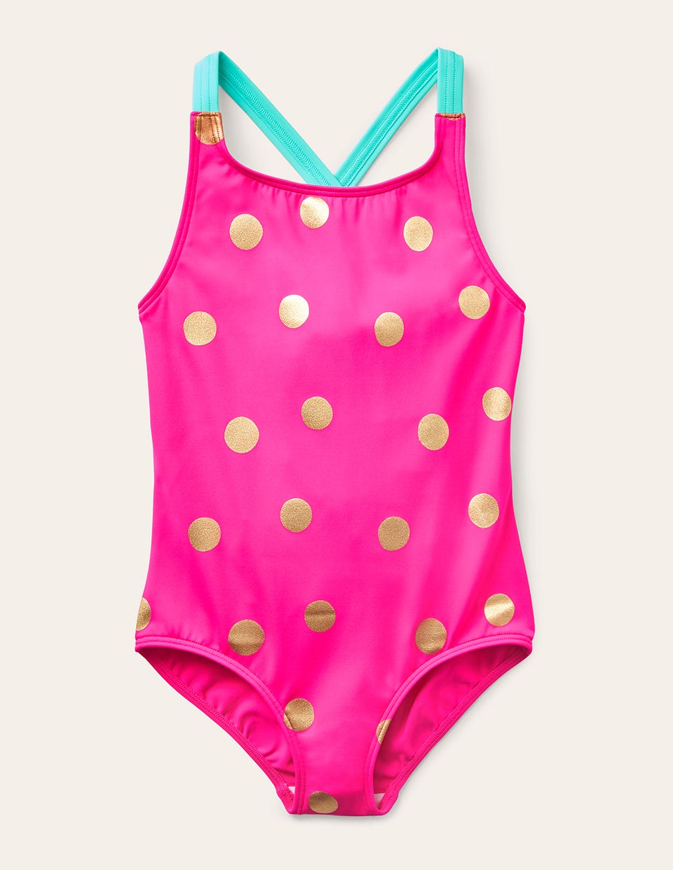 Cross-back Printed Swimsuit-Fuchsia Pink, Gold Foil Spot - Image 1
