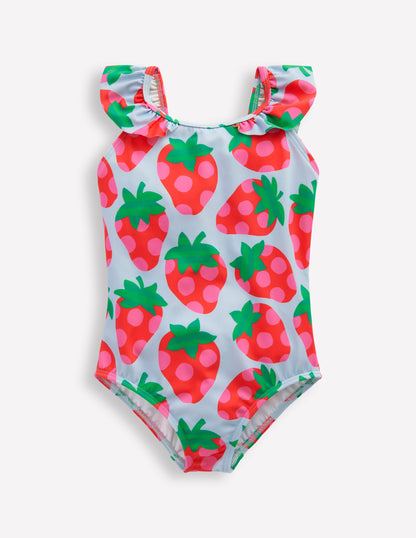 Hallie Frill Strap Swimsuit-Misty Blue Strawberry