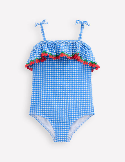 Tallulah Frill Swimsuit-Blue Gingham Cherries