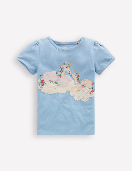 Puff Sleeve Applique T-shirt-Glacier Blue Unicorns