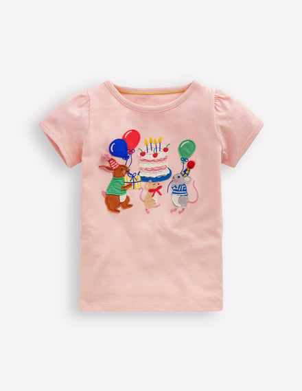 Puff Sleeve Appliqué T-shirt-Chalk Pink Birthday Friends