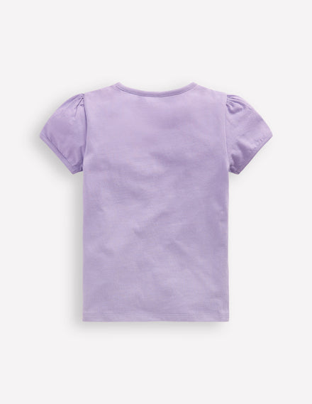 Puff Sleeve Appliqué T-shirt-Misty Lavender Cat