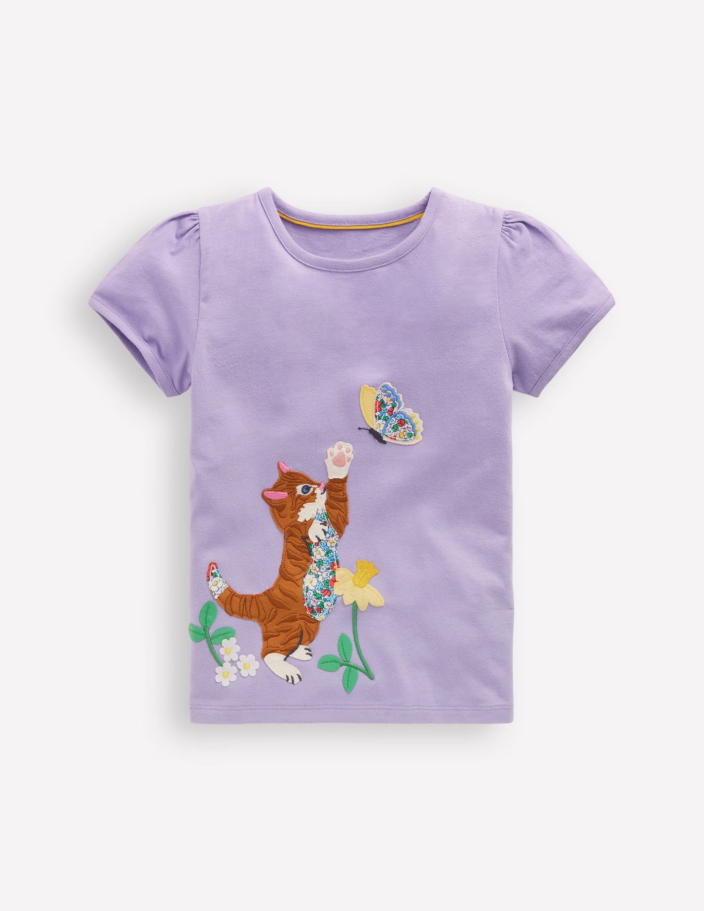 Puff Sleeve Applique T-shirt-Misty Lavender Cat