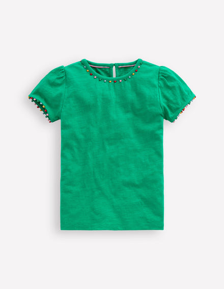 Ali Puff Sleeve Pom T-shirt-Bright Emerald