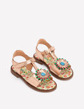 Fun Leather Sandals-Gold Metallic Flower