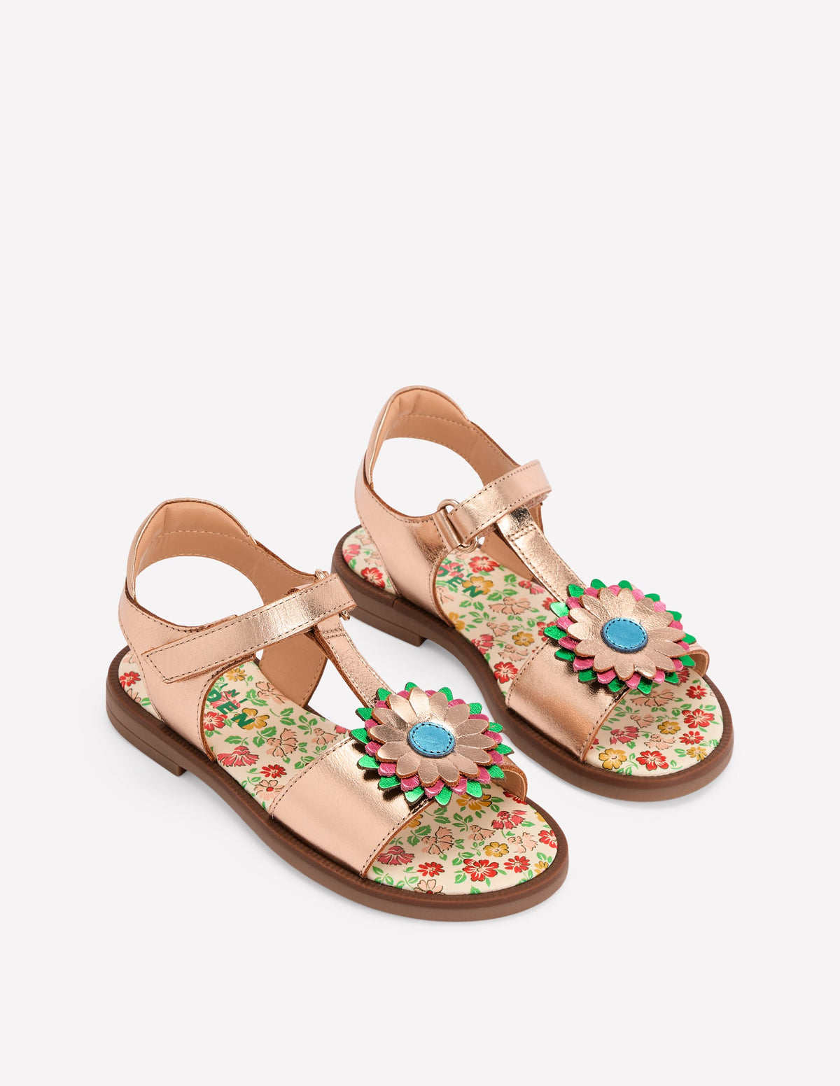 Fun Leather Sandals-Gold Metallic Flower - Image 1
