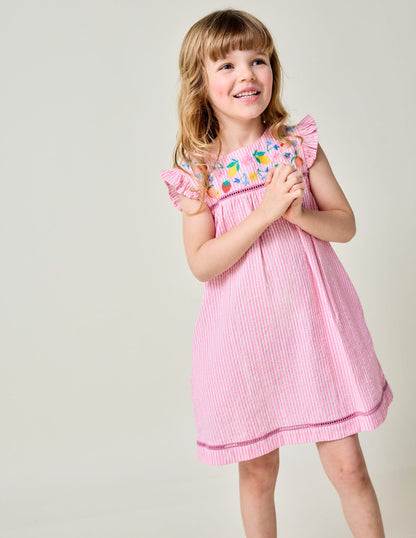 Woven Holiday Dress-Pink Stripe Fruit